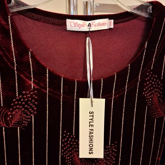 NWT Scoop Neck Wine-red Burgundy Embroidered Blouse Long Sleeve Women’s Top 12 - Picture 6 of 9